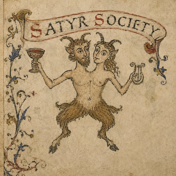 Satyr Society crest: a two-headed satyr, one bearded and one long-haired, holding a wine goblet and a lyre beneath a scroll banner, drawn like a medieval manuscript.